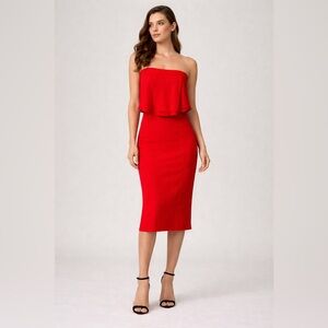 REISS Women’s Red Flounce Top Strapless Midi Dress Size 2 Extra Small